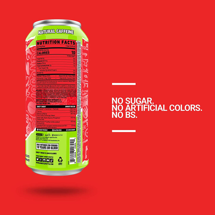 GHOST Energy Drink Energy Drink GHOST Size: 12 Cans Flavor: StrawBango Margarita x Maxx Chewning Exclusive, Sour Pink Lemonade, Cherry Limeade, Warheads™ Sour Green Apple, Swedish Fish™, Citrus, Warheads™ Watermelon, Sour Patch Kids™ Redberry, Tropical Ma