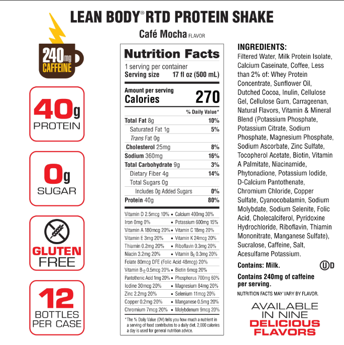 Labrada Lean Body Protein Shake RTD RTD Labrada Size: 12 Cartons Flavor: Pina Colada, Chocolate Peanut Butter, Banana, Vanilla, Cafe Mocha (Caffeinated), Chocolate, Cookies & Cream, Creamy Salted Caramel, Strawberry, Chocolate Mint