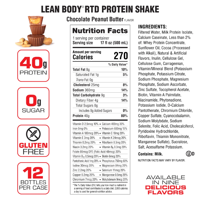 Labrada Lean Body Protein Shake RTD RTD Labrada Size: 12 Cartons Flavor: Pina Colada, Chocolate Peanut Butter, Banana, Vanilla, Cafe Mocha (Caffeinated), Chocolate, Cookies & Cream, Creamy Salted Caramel, Strawberry, Chocolate Mint