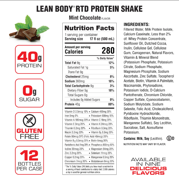 Labrada Lean Body Protein Shake RTD RTD Labrada Size: 12 Cartons Flavor: Pina Colada, Chocolate Peanut Butter, Banana, Vanilla, Cafe Mocha (Caffeinated), Chocolate, Cookies & Cream, Creamy Salted Caramel, Strawberry, Chocolate Mint