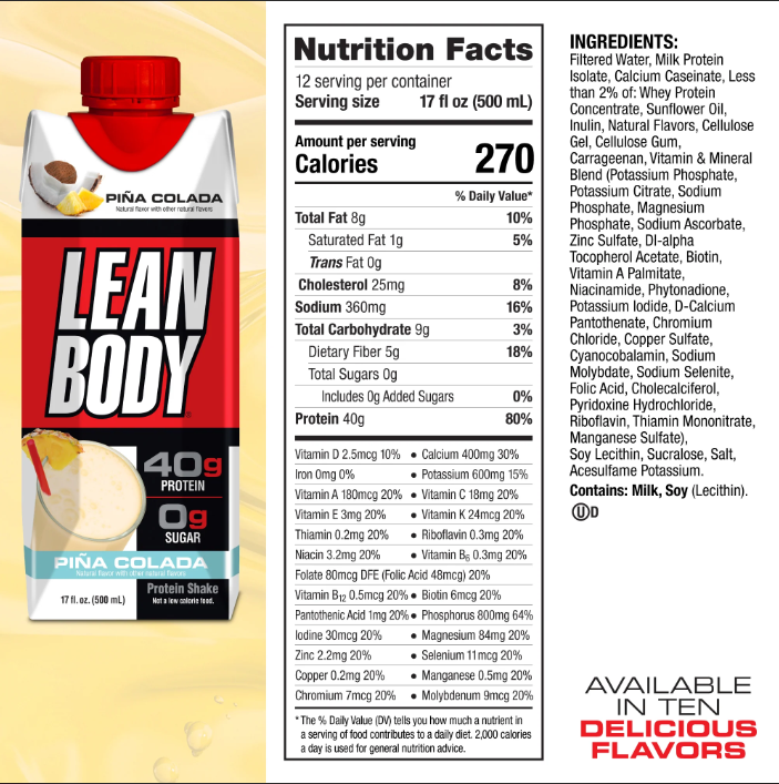 Labrada Lean Body Protein Shake RTD RTD Labrada Size: 12 Cartons Flavor: Pina Colada, Chocolate Peanut Butter, Banana, Vanilla, Cafe Mocha (Caffeinated), Chocolate, Cookies & Cream, Creamy Salted Caramel, Strawberry, Chocolate Mint