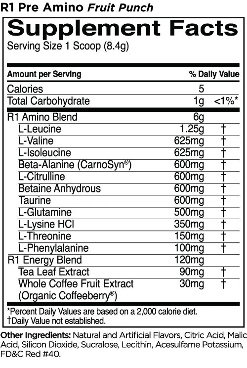 R1 Pre-Amino Aminos Rule One Size: 30 Servings Flavor: Watermelon Splash, Blue Razz Lemonade, Fruit Punch, Pineapple Orange, Peach Mango, Juicy Grape, Rainbow Candy