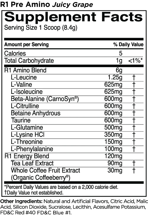R1 Pre-Amino Aminos Rule One Size: 30 Servings Flavor: Watermelon Splash, Blue Razz Lemonade, Fruit Punch, Pineapple Orange, Peach Mango, Juicy Grape, Rainbow Candy