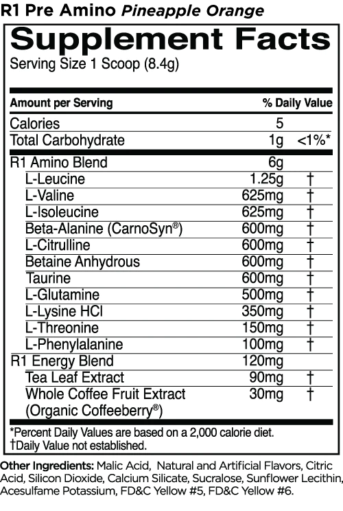 R1 Pre-Amino Aminos Rule One Size: 30 Servings Flavor: Watermelon Splash, Blue Razz Lemonade, Fruit Punch, Pineapple Orange, Peach Mango, Juicy Grape, Rainbow Candy