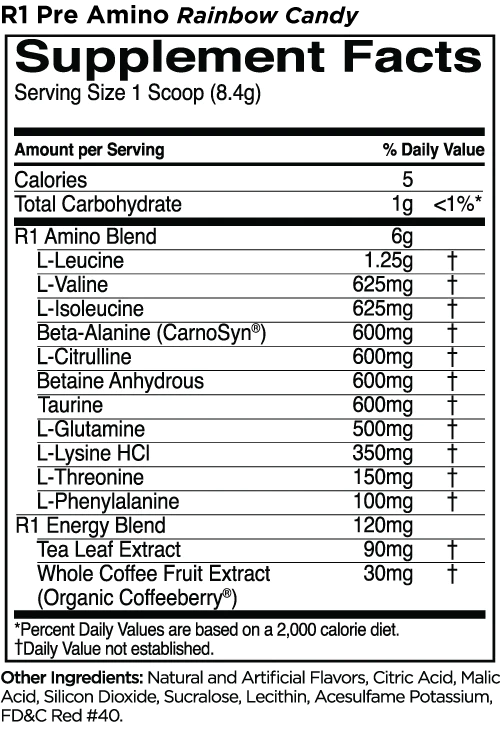 R1 Pre-Amino Aminos Rule One Size: 30 Servings Flavor: Watermelon Splash, Blue Razz Lemonade, Fruit Punch, Pineapple Orange, Peach Mango, Juicy Grape, Rainbow Candy