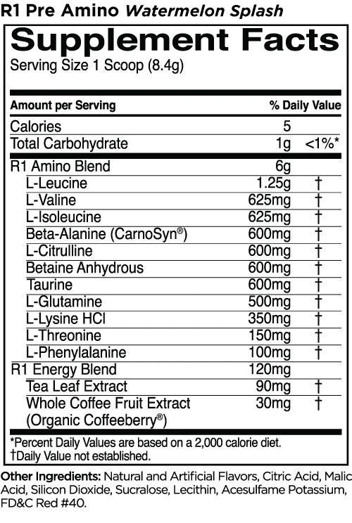 R1 Pre-Amino Aminos Rule One Size: 30 Servings Flavor: Watermelon Splash, Blue Razz Lemonade, Fruit Punch, Pineapple Orange, Peach Mango, Juicy Grape, Rainbow Candy
