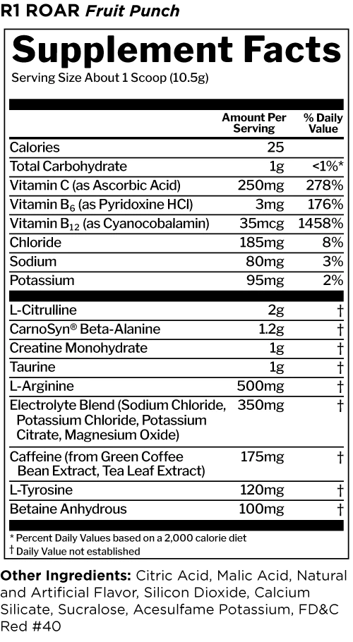 R1 Roar Ferocious Pre-Workout Pre-Workout Rule One Size: 30 Servings Flavor: Fruit Punch, Blue Razz, Wild Grape, Lemon Lime, Peach Mango