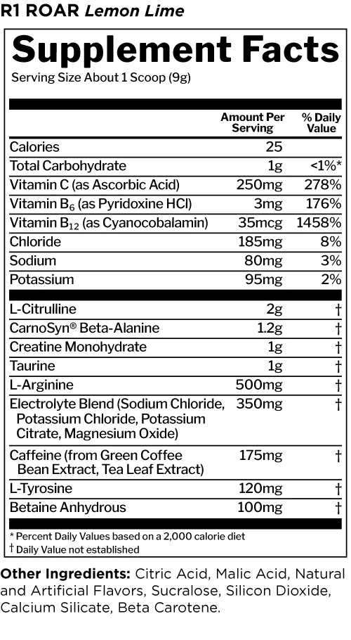 R1 Roar Ferocious Pre-Workout Pre-Workout Rule One Size: 30 Servings Flavor: Fruit Punch, Blue Razz, Wild Grape, Lemon Lime, Peach Mango