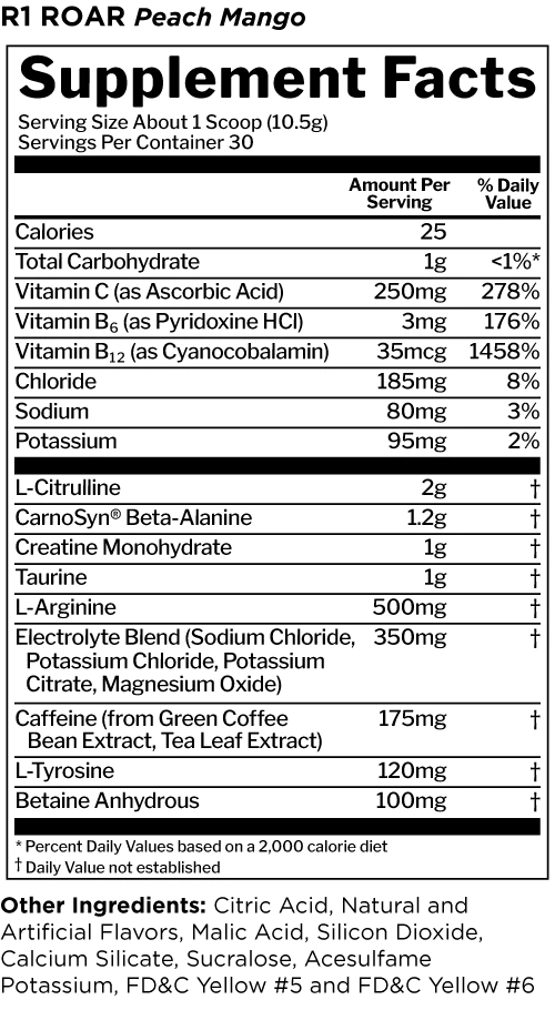 R1 Roar Ferocious Pre-Workout Pre-Workout Rule One Size: 30 Servings Flavor: Fruit Punch, Blue Razz, Wild Grape, Lemon Lime, Peach Mango