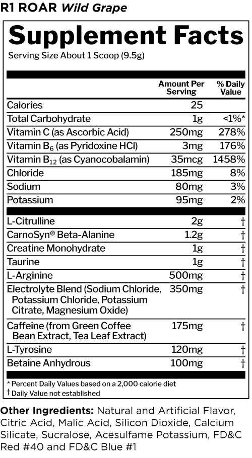 R1 Roar Ferocious Pre-Workout Pre-Workout Rule One Size: 30 Servings Flavor: Fruit Punch, Blue Razz, Wild Grape, Lemon Lime, Peach Mango