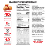 Labrada Lean Body Protein Shake RTD RTD Labrada Size: 12 Cartons Flavor: Pina Colada, Chocolate Peanut Butter, Banana, Vanilla, Cafe Mocha (Caffeinated), Chocolate, Cookies & Cream, Creamy Salted Caramel, Strawberry, Chocolate Mint