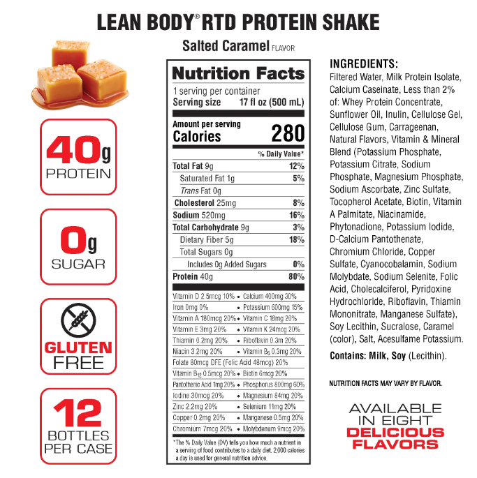 Labrada Lean Body Protein Shake RTD RTD Labrada Size: 12 Cartons Flavor: Pina Colada, Chocolate Peanut Butter, Banana, Vanilla, Cafe Mocha (Caffeinated), Chocolate, Cookies & Cream, Creamy Salted Caramel, Strawberry, Chocolate Mint