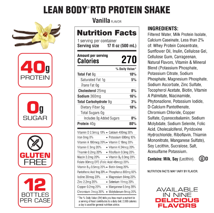 Labrada Lean Body Protein Shake RTD RTD Labrada Size: 12 Cartons Flavor: Pina Colada, Chocolate Peanut Butter, Banana, Vanilla, Cafe Mocha (Caffeinated), Chocolate, Cookies & Cream, Creamy Salted Caramel, Strawberry, Chocolate Mint