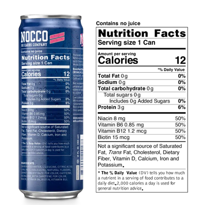 NOCCO BCAA Energy Drink Energy Drink NOCCO Size: 12 Cans Flavor: Apple, Caribbean, Caribbean (NON-Caffeinated), Miami Strawberry, Tropical, Juicy Breeze, Juicy Razz, Blood Orange, Melon Blast