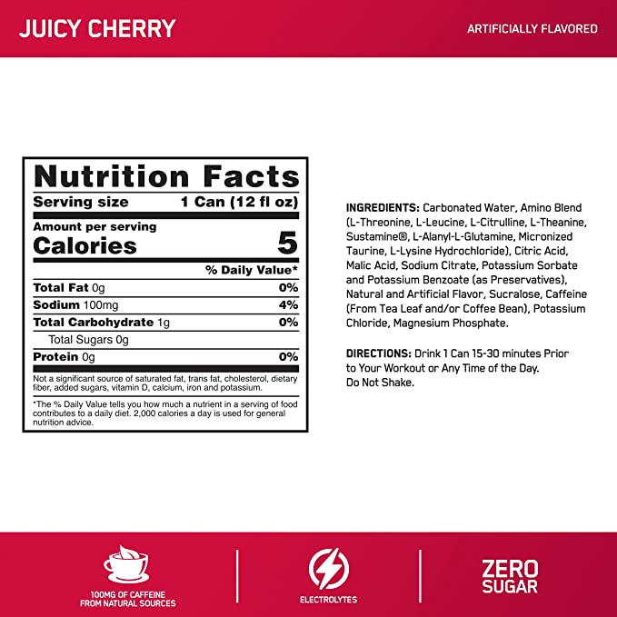 Optimum Nutrition Essential Amino Energy Energy Drink Optimum Nutrition Size: 12 Cans Flavor: Berry Burst (New Flavor), Peach Bellini, Cherry, Blueberry Lemonade, Mango Pineapple Limeade, Juicy Strawberry, Grape Candy, Watermelon, Orange Blast