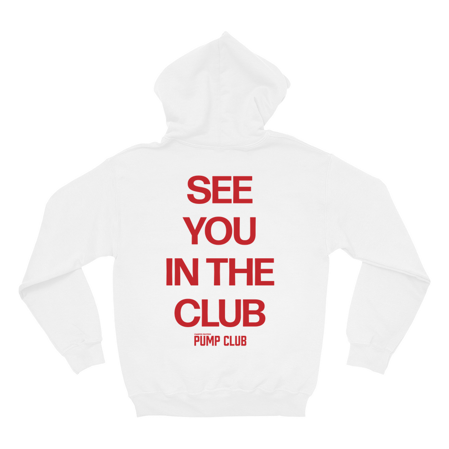 See you in the club hoodie Apparel & Accessories CampusProtein.com Sleeve Print Placement: No Sleeve Print Colors: White, Black, Ash Grey, Sand Sizes: Small (S), Medium (M), Large (L), Extra Large (XL), XXL (2XL)