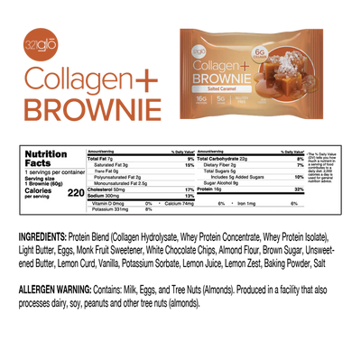 321 GLO Collagen + Brownie Healthy Snacks 321 GLO Size: 12 Brownies Flavor: Chocolate Fudge, Birthday Cake Blondie, Red Velvet, Salted Caramel, Lemon Zest