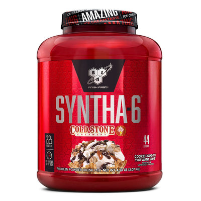 Syntha-6 Cold Stone Creamery Protein BSN Size: 2.59 Lbs., 5 Lbs. Flavor: Apple Pie A La Cold Stone, Berry Berry Good, Cookie Doughnut You Want Some?, Birthday Cake Remix, Germanchökolätekäke (German Chocolate Cake), Mint Mint Chocolate Chip, Mud Pie Mojo