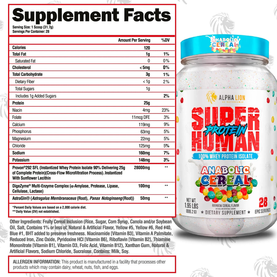 Alpha Lion Superhuman Protein Protein Alpha Lion Size: 2 Lbs. Flavor: Hulk Milk Vanilla Ice Cream, Anabolic Cereal Rainbow Cereal Flavor, Peanut Butter & Gains Peanut Butter Candy, Cocoa Buffs Chocolate Cereal Flavor, Orange Creamsicle