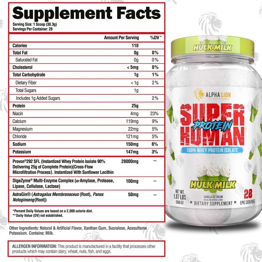 Alpha Lion Superhuman Protein Protein Alpha Lion Size: 2 Lbs. Flavor: Hulk Milk Vanilla Ice Cream, Anabolic Cereal Rainbow Cereal Flavor, Peanut Butter & Gains Peanut Butter Candy, Cocoa Buffs Chocolate Cereal Flavor, Orange Creamsicle