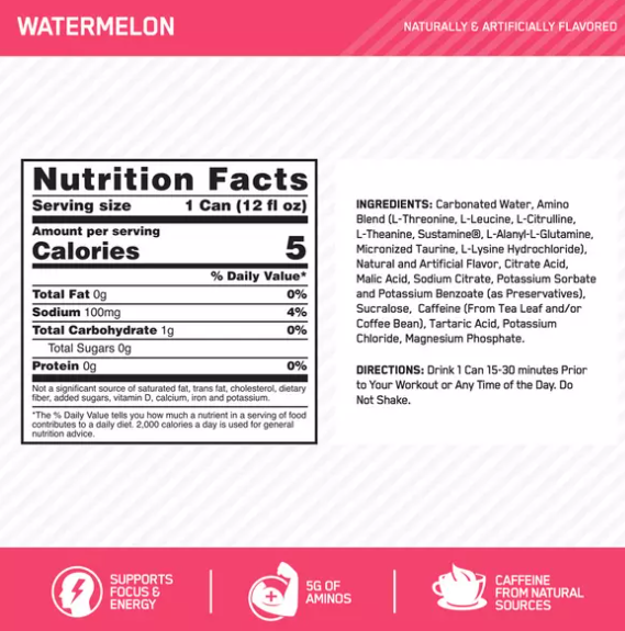 Optimum Nutrition Essential Amino Energy Energy Drink Optimum Nutrition Size: 12 Cans Flavor: Berry Burst (New Flavor), Peach Bellini, Cherry, Blueberry Lemonade, Mango Pineapple Limeade, Juicy Strawberry, Grape Candy, Watermelon, Orange Blast