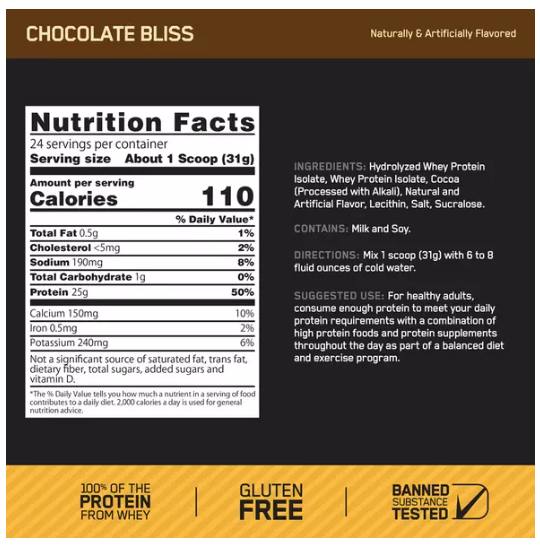 Optimum Nutrition Gold Standard 100% Isolate Whey Protein Protein Optimum Nutrition Size: 24 Servings, 44 Servings Flavor: Chocolate Bliss, Rich Vanilla