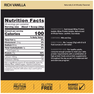 Optimum Nutrition Gold Standard 100% Isolate Whey Protein Protein Optimum Nutrition Size: 24 Servings, 44 Servings Flavor: Chocolate Bliss, Rich Vanilla