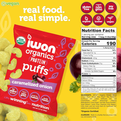 IWON Organics Protein Puffs Protein Food IWON Organics Size: 8 Bags Flavor: Caramelized Onion, Cheddar Cheese, Jalapeno Pineapple, Red Pepper