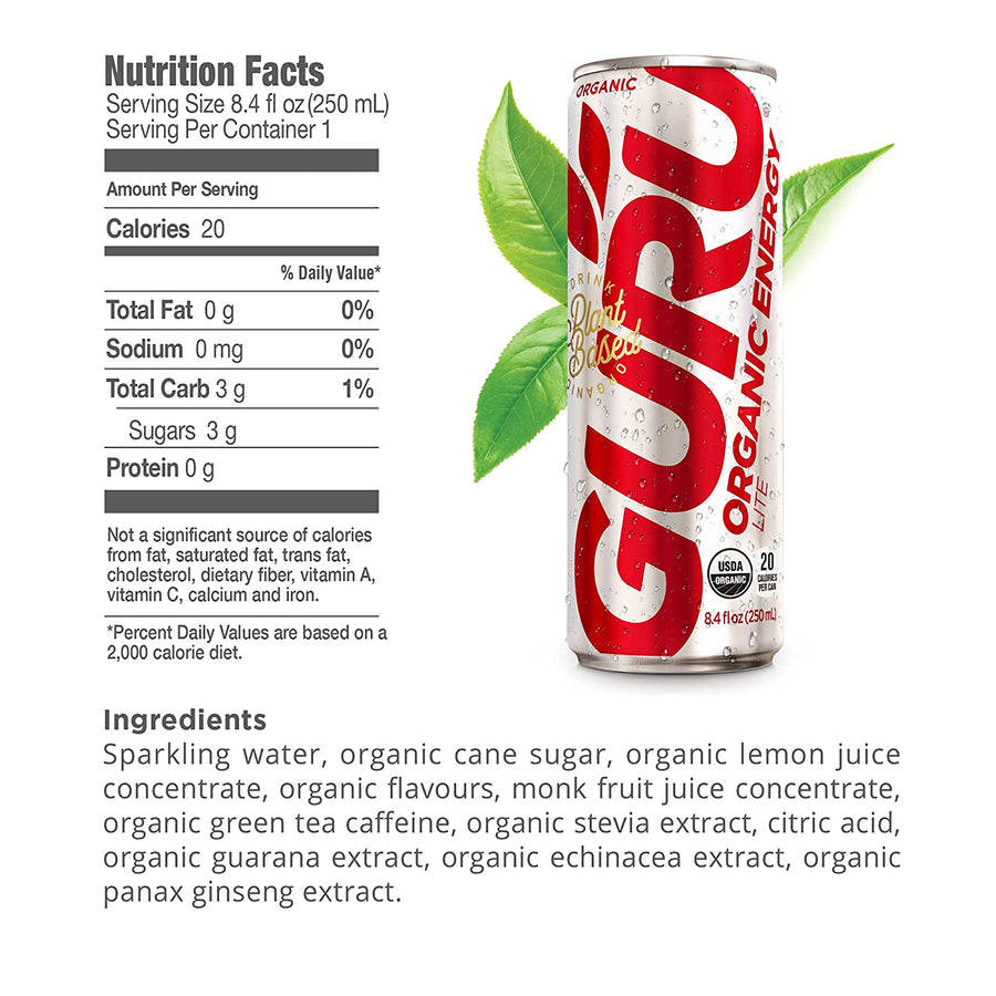 GURU Organic Energy Drink Energy Drink GURU Energy Size: 12 Cans Flavor: Guayusa Tropical Punch, Lite, Original, Yerba Mate, Matcha
