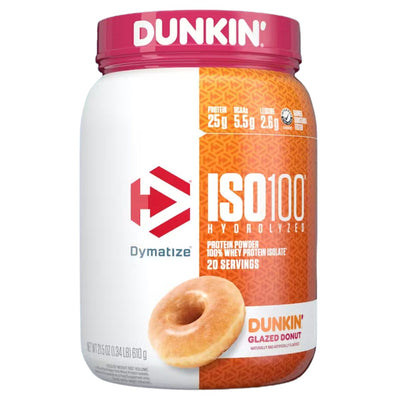 Dymatize ISO100 in Dunkin' Flavors Protein Dymatize Size: 1.3 Lbs. Flavor: Dunkin' Glazed Donut Flavor (NEW)
