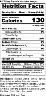 R1 Whey Blend Protein Rule One Size: 1 Lb., 2 Lbs., 5 Lbs., 10 Lbs. Flavor: Chocolate Fudge, Vanilla Creme, Chocolate Peanut Butter, Cookies & Creme, Toasted Cinnamon Cereal, Lightly Salted Caramel, Birthday Cake, Fruity Cereal, Frozen Banana, Strawberrie