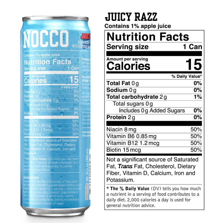 NOCCO BCAA Energy Drink Energy Drink NOCCO Size: 12 Cans Flavor: Apple, Caribbean, Caribbean (NON-Caffeinated), Miami Strawberry, Tropical, Juicy Breeze, Juicy Razz, Blood Orange, Melon Blast