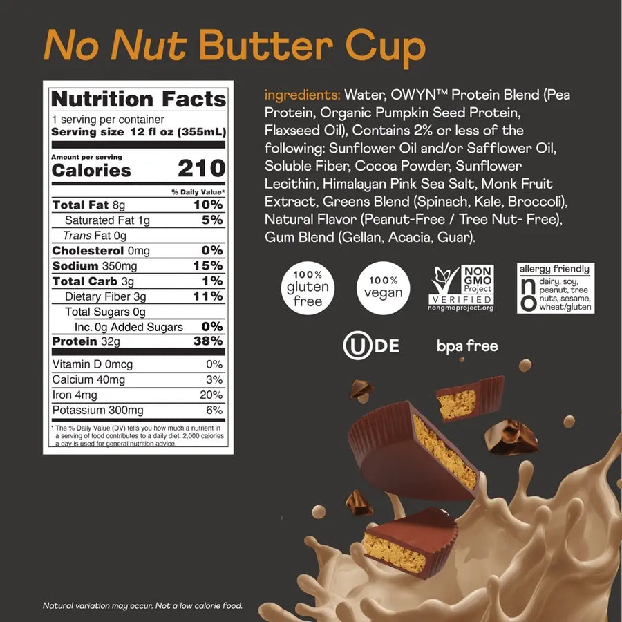 Pro Elite Vegan Plant Based Shakes RTD OWYN Size: 12 Bottles Flavor: Chocolate, Vanilla, No Nut Buttercup