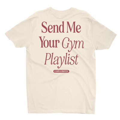 Playlist Unisex Tee Apparel & Accessories CampusProtein.com Colors: White, Black, Heather Grey, Natural T-Shirt Sizes: Small (S), Medium (M), Large (L), Extra Large (XL), XXL (2XL)