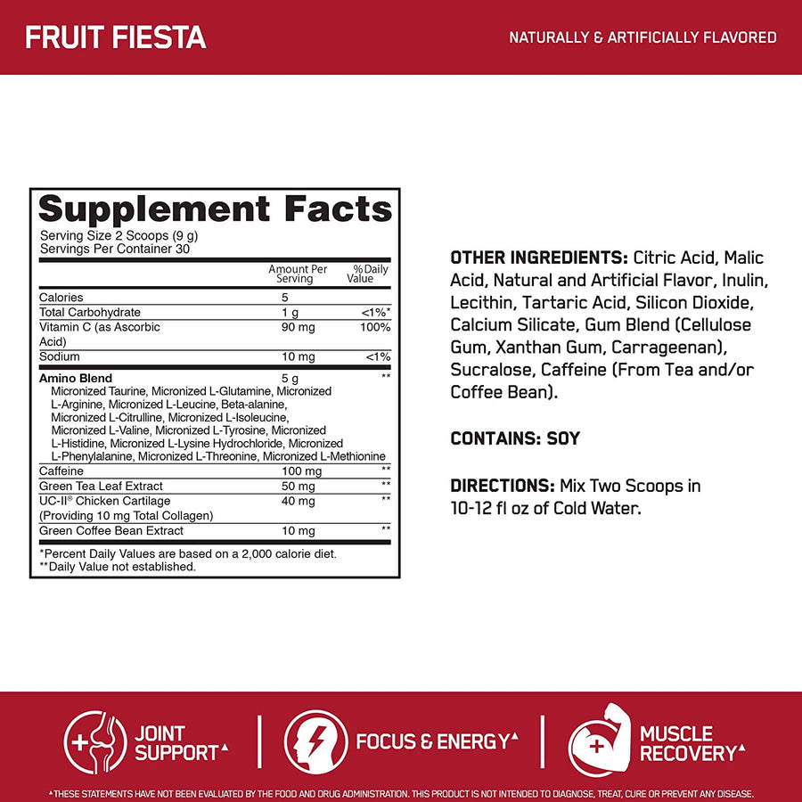 Optimum Nutrition Essential Amino Energy + UC-II Collagen Aminos Optimum Nutrition Size: 30 Servings Flavor: Fruit Fiesta, Grape Remix
