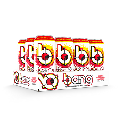 BANG Energy Drink RTD VPX Size: 12 Pack Flavor: Radical Skadattle (skittles), Bangster Berry, Blue and Yellow Limoncello, Delish Strawberry Kiss, Star Blast, Wyldn' Watermelon, Raging Raspberry Hibiscus (BRAND NEW), Swirly Pop (BRAND NEW), Nectarine Blueb