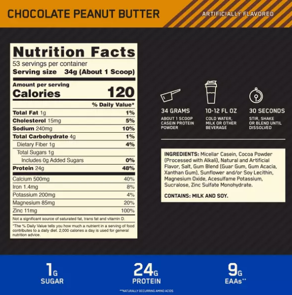 Gold Standard 100% Casein Protein Protein Optimum Nutrition Size: 2 Lbs., 4 Lbs. Flavor: Chocolate Supreme, Creamy Vanilla, Chocolate Peanut Butter, Cookies and Cream
