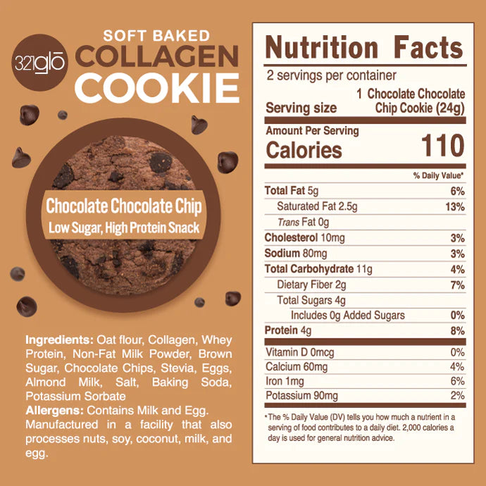 321 GLO Collagen Cookies Healthy Snacks 321 GLO Size: 6 Pack, 12 Pack Flavor: White Chocolate Macadamia Nut, Peanut Butter, Birthday Cake, Chocolate Chip, Snickerdoodle, Oatmeal Raisin, Double Chocolate Chip