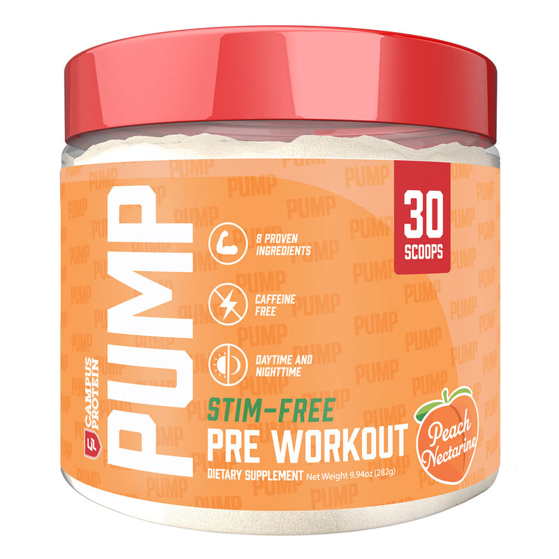 Peach Nectarine Campus Protein CP Pump Stimulant Free Caffeine Free Pre Workout Nighttime