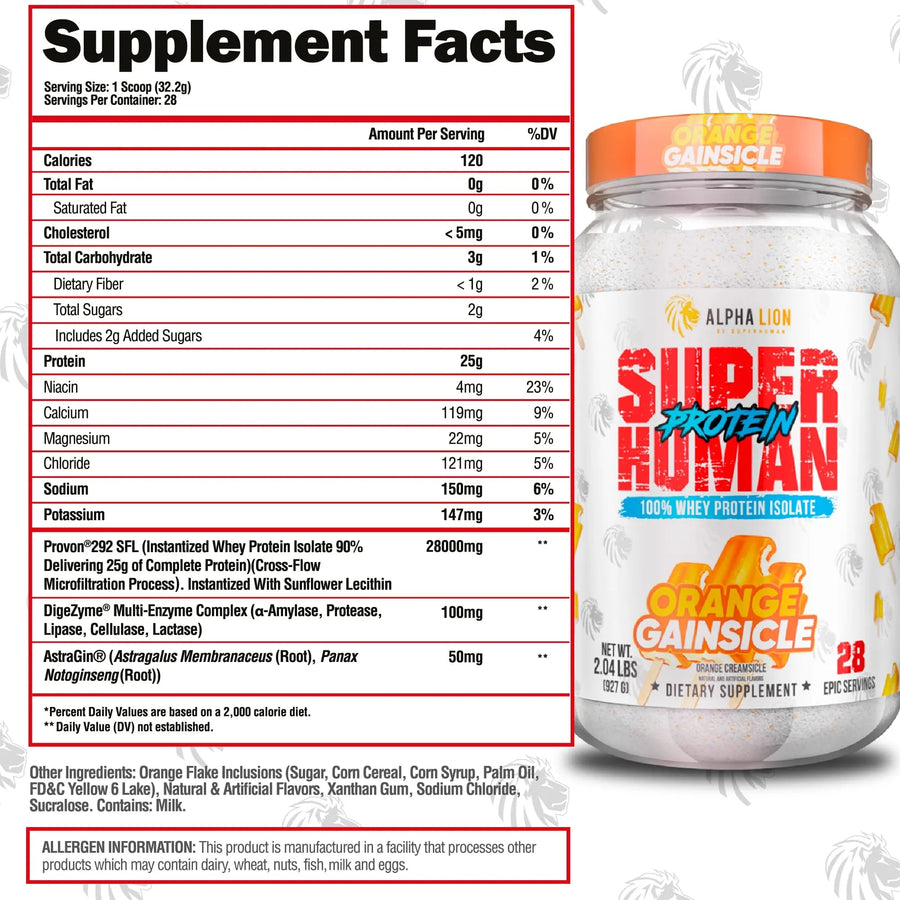 Alpha Lion Superhuman Protein Protein Alpha Lion Size: 2 Lbs. Flavor: Hulk Milk Vanilla Ice Cream, Anabolic Cereal Rainbow Cereal Flavor, Peanut Butter & Gains Peanut Butter Candy, Cocoa Buffs Chocolate Cereal Flavor, Orange Creamsicle