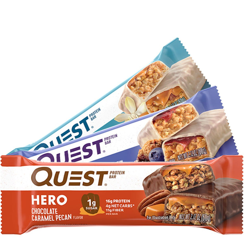 Quest Crispy Hero Protein Bar Healthy Snacks Quest Nutrition Size: 12 Bars Flavor: Chocolate Caramel Pecan, Blueberry Cobbler, Cookies and Cream, Chocolate Peanut Butter, Chocolate Coconut