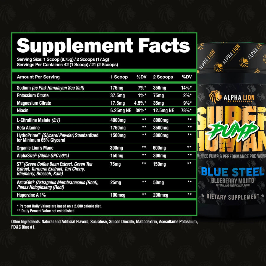 Alpha Lion Superhuman Pump Pre-Workout Alpha Lion Size: 42 Servings Flavor: Blue Steel Blueberry Mojito, Mango Veiniac Mango Strawberry Sherbet, Peach Pumps Peach Rings