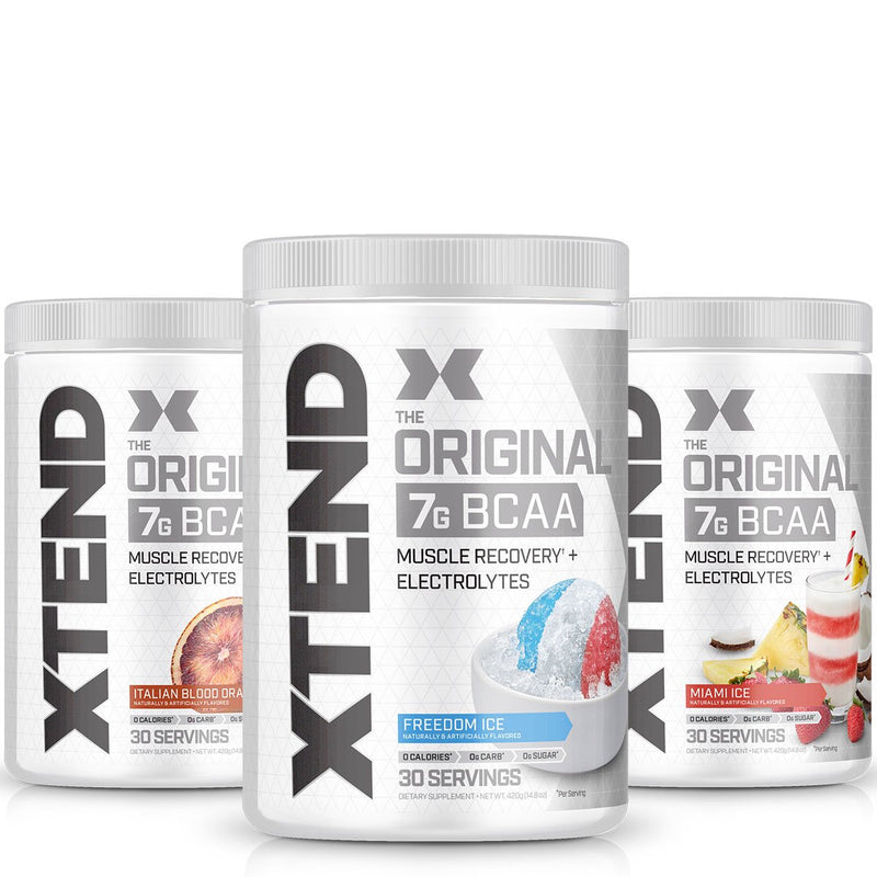 Xtend BCAA Aminos Scivation Size: 30 Servings Flavor: Freedom Ice, Strawberry Kiwi Splash, Italian Blood Orange, Black Cherry, Miami Ice (NEW), Blue Raspberry Ice, Watermelon Explosion, Mango Madness, Smash Apple, Knockout Fruit Punch, Glacial Grape, Lemo