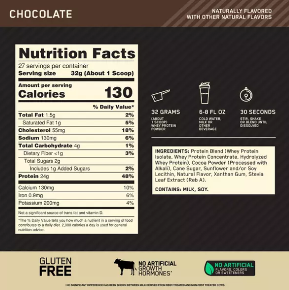 Optimum Nutrition Gold Standard Natural 100% Whey, Chocolate - 4.8 lb jar