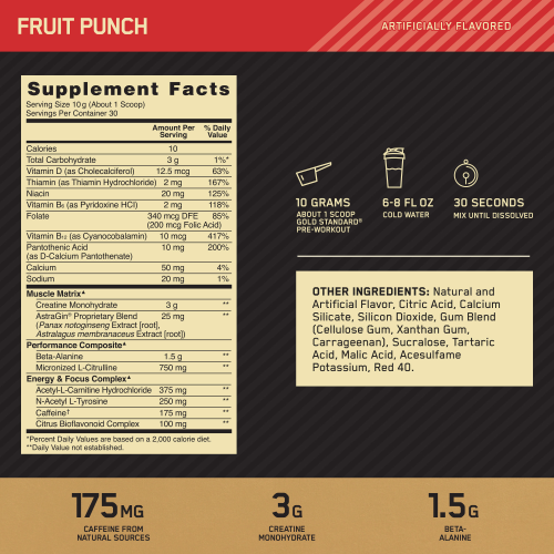 Gold Standard Pre-Workout Pre-Workout Optimum Nutrition Size: 30 Servings Flavor: Blueberry Lemonade, Fruit Punch, Green Apple, Watermelon