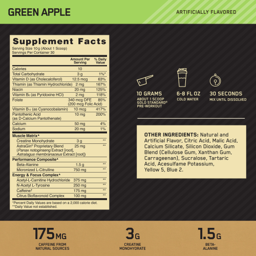 Gold Standard Pre-Workout Pre-Workout Optimum Nutrition Size: 30 Servings Flavor: Blueberry Lemonade, Fruit Punch, Green Apple, Watermelon